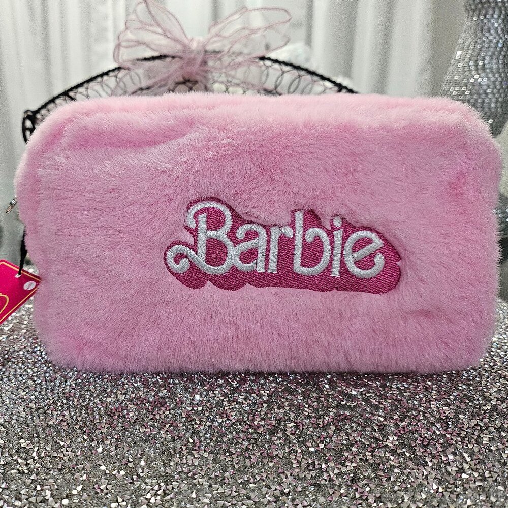 Barbie The Movie Primark Pink Faux Fur Furry Plush Makeup Cosmetic Bag 2023 NWT